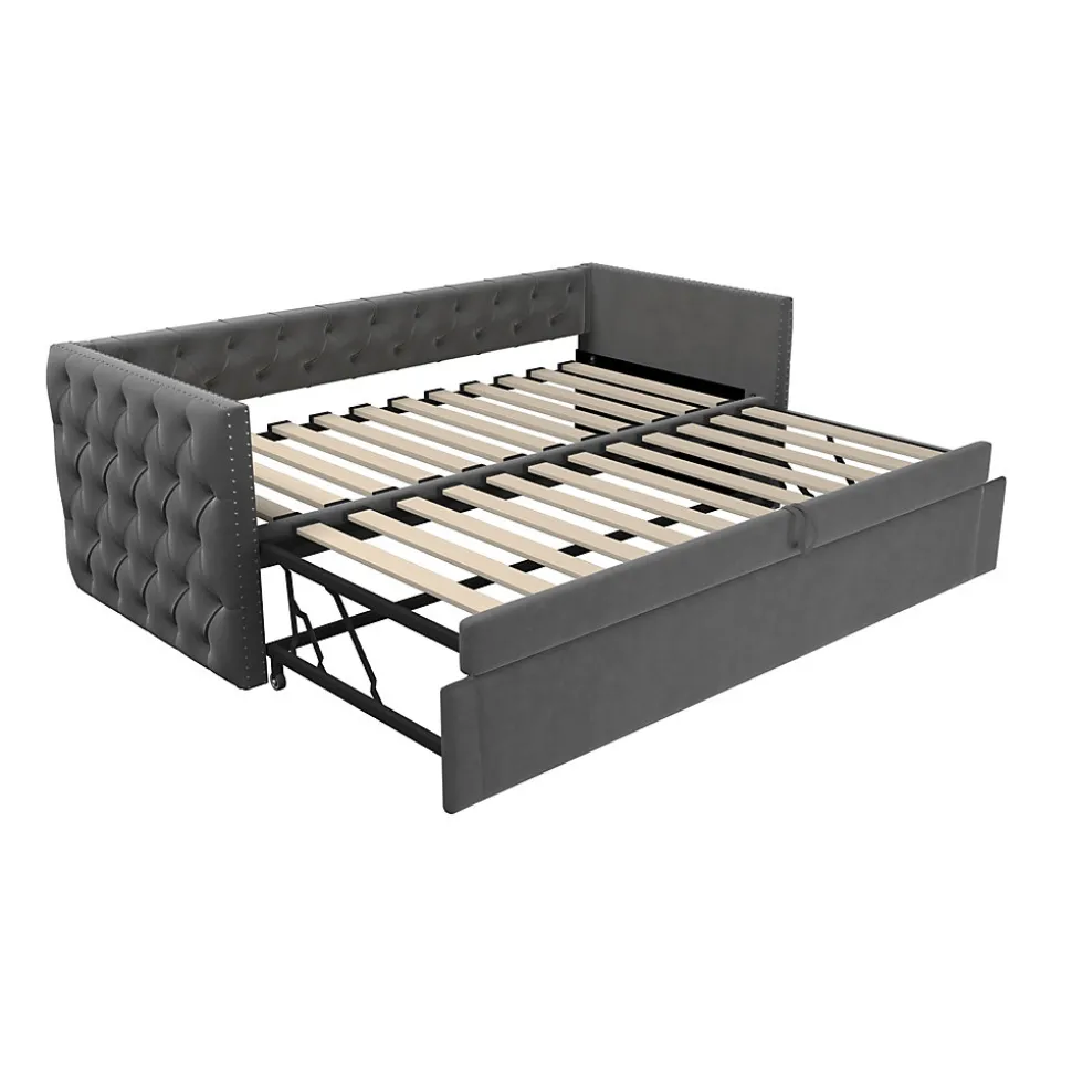 Lit Gigogne 90x200 cm - Lit Multifonction avec Sommier À Lattes, Convertible pour Chambre d'Amis, en Velours Gris, Sans Matelas