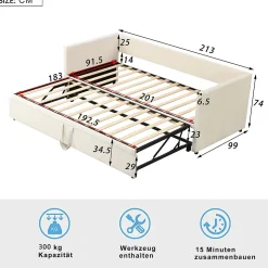 Lit Gigogne 90/180x200 cm - Lit Multifonction avec Sommier À Lattes, Convertible pour Chambre d'Amis, Velours Beige, Sans Matelas
