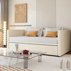 Lit Gigogne 90/180x200 cm - Lit Multifonction avec Sommier À Lattes, Convertible pour Chambre d'Amis, Velours Beige, Sans Matelas
