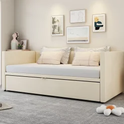Lit Gigogne 90/180x200 cm - Lit Multifonction avec Sommier À Lattes, Convertible pour Chambre d'Amis, Velours Beige, Sans Matelas