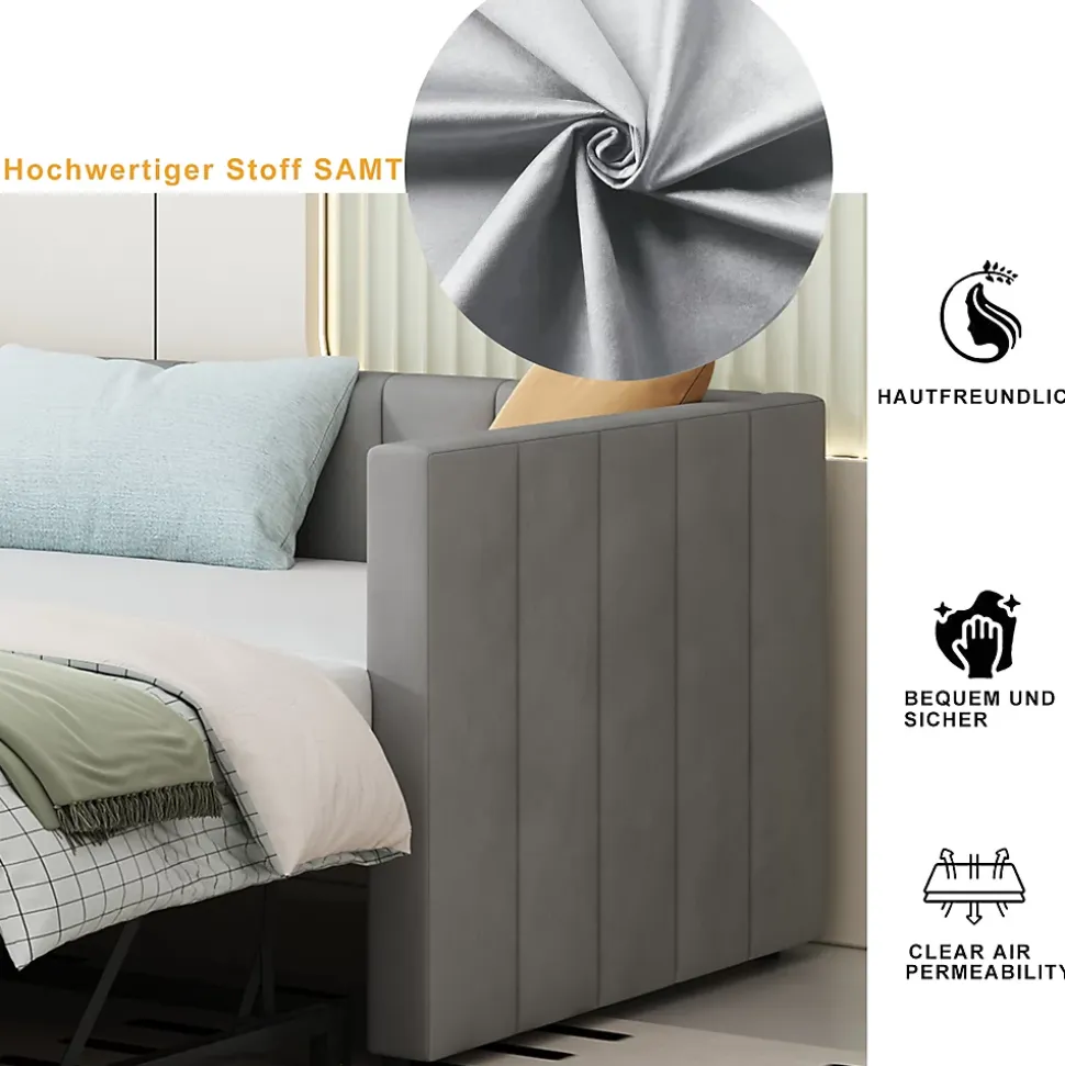 Lit Gigogne 90/180x200 cm - Lit Multifonction Convertible en Velours Doux, Sans Matelas - Gris Clair