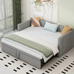 Lit Gigogne 90/180x200 cm - Lit Multifonction Convertible en Velours Doux, Sans Matelas - Gris Clair