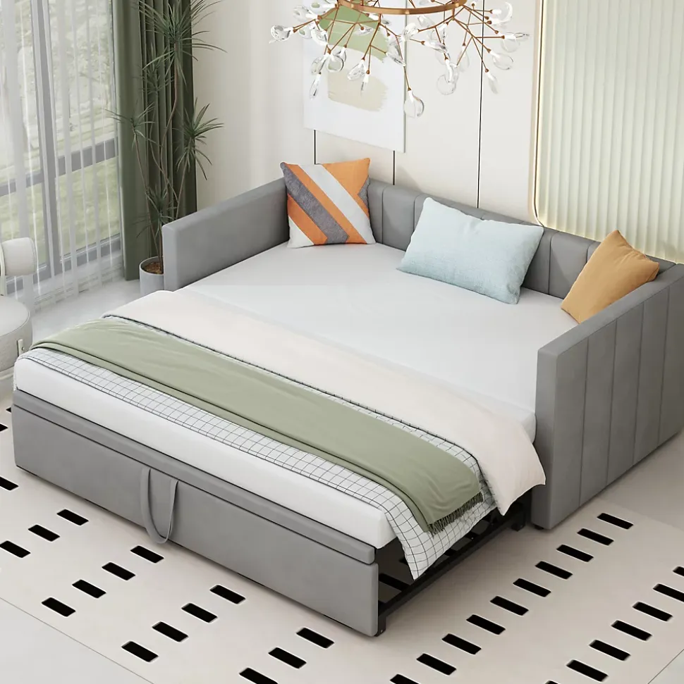 Lit Gigogne 90/180x200 cm - Lit Multifonction Convertible en Velours Doux, Sans Matelas - Gris Clair