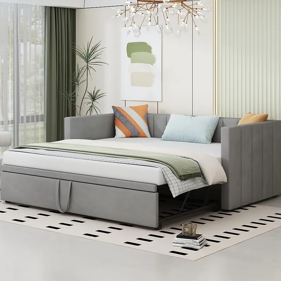 Lit Gigogne 90/180x200 cm - Lit Multifonction Convertible en Velours Doux, Sans Matelas - Gris Clair