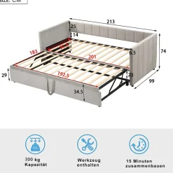 Lit Gigogne 90/180x200 cm - Lit Multifonction Convertible en Velours Doux, Sans Matelas - Gris Clair