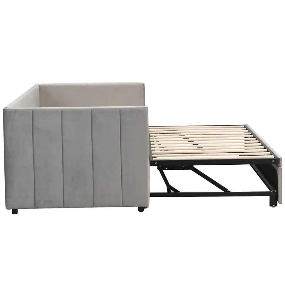 Lit Gigogne 90/180x200 cm - Lit Multifonction Convertible en Velours Doux, Sans Matelas - Gris Clair