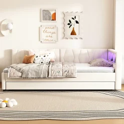 Lit Gigogne 90x200 cm - Lit Simple Enfant avec Éclairage LED Télécommandé et Port USB Type C - Sans Matelas - Lin Beige