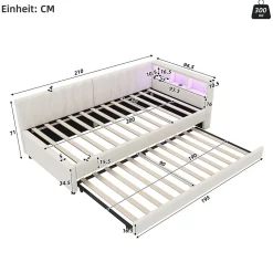 Lit Gigogne 90x200 cm - Lit Simple Enfant avec Éclairage LED Télécommandé et Port USB Type C - Sans Matelas - Lin Beige