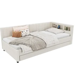 Lit Gigogne 90x200 cm - Lit Simple Enfant avec Éclairage LED Télécommandé et Port USB Type C - Sans Matelas - Lin Beige