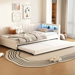 Lit Gigogne 90x200 cm - Lit Simple Enfant avec Éclairage LED Télécommandé et Port USB Type C - Sans Matelas - Lin Beige