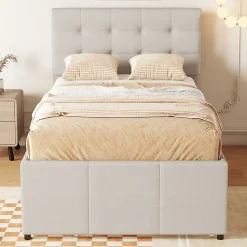 Lit Gigogne 90x200 cm - Lit Simple Enfant Rembourré avec Tête de Lit Réglable et 3 Tiroirs - Sans Matelas - Lin Beige