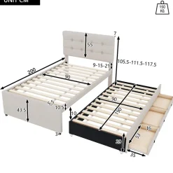 Lit Gigogne 90x200 cm - Lit Simple Enfant Rembourré avec Tête de Lit Réglable et 3 Tiroirs - Sans Matelas - Lin Beige