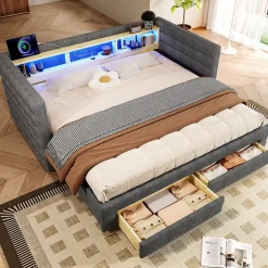 Lit Gigogne 90x190 cm - Lit Simple avec 2 Tiroirs et Étagères - LED et Ports USB Intégrés - Multifonction en Velours Gris