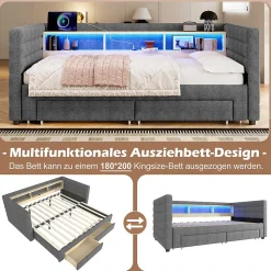 Lit Gigogne 90x190 cm - Lit Simple avec 2 Tiroirs et Étagères - LED et Ports USB Intégrés - Multifonction en Velours Gris