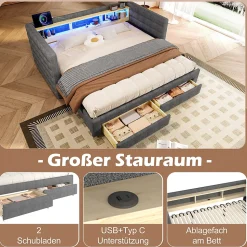 Lit Gigogne 90x190 cm - Lit Simple avec 2 Tiroirs et Étagères - LED et Ports USB Intégrés - Multifonction en Velours Gris