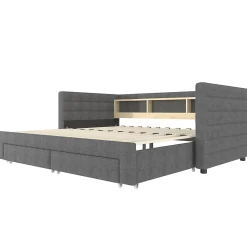 Lit Gigogne 90x190 cm - Lit Simple avec 2 Tiroirs et Étagères - LED et Ports USB Intégrés - Multifonction en Velours Gris