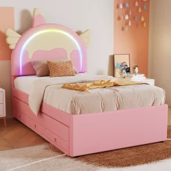 Lit gigogne 90x200 cm - Lit simple enfant avec lit gigogne - PU + MDF - Sans matelas - Rose