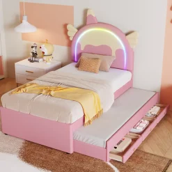 Lit gigogne 90x200 cm - Lit simple enfant avec lit gigogne - PU + MDF - Sans matelas - Rose