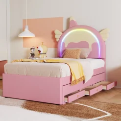 Lit gigogne 90x200 cm - Lit simple enfant avec lit gigogne - PU + MDF - Sans matelas - Rose