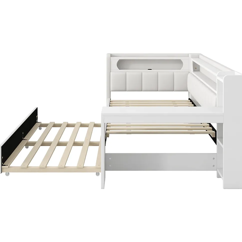 Lit gigogne 90x200 cm - Lit simple avec port USB et bande LED - Bois - Sans matelas - Blanc
