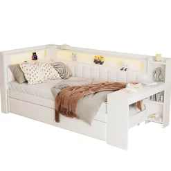 Lit gigogne 90x200 cm - Lit simple avec port USB et bande LED - Bois - Sans matelas - Blanc