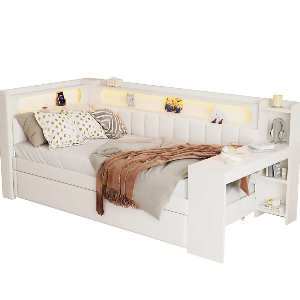 Lit gigogne 90x200 cm - Lit simple avec port USB et bande LED - Bois - Sans matelas - Blanc