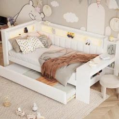 Lit gigogne 90x200 cm - Lit simple avec port USB et bande LED - Bois - Sans matelas - Blanc