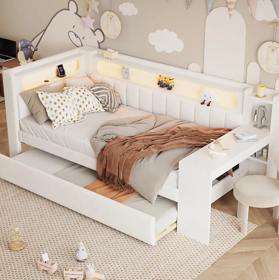 Lit gigogne 90x200 cm - Lit simple avec port USB et bande LED - Bois - Sans matelas - Blanc