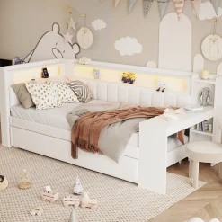 Lit gigogne 90x200 cm - Lit simple avec port USB et bande LED - Bois - Sans matelas - Blanc