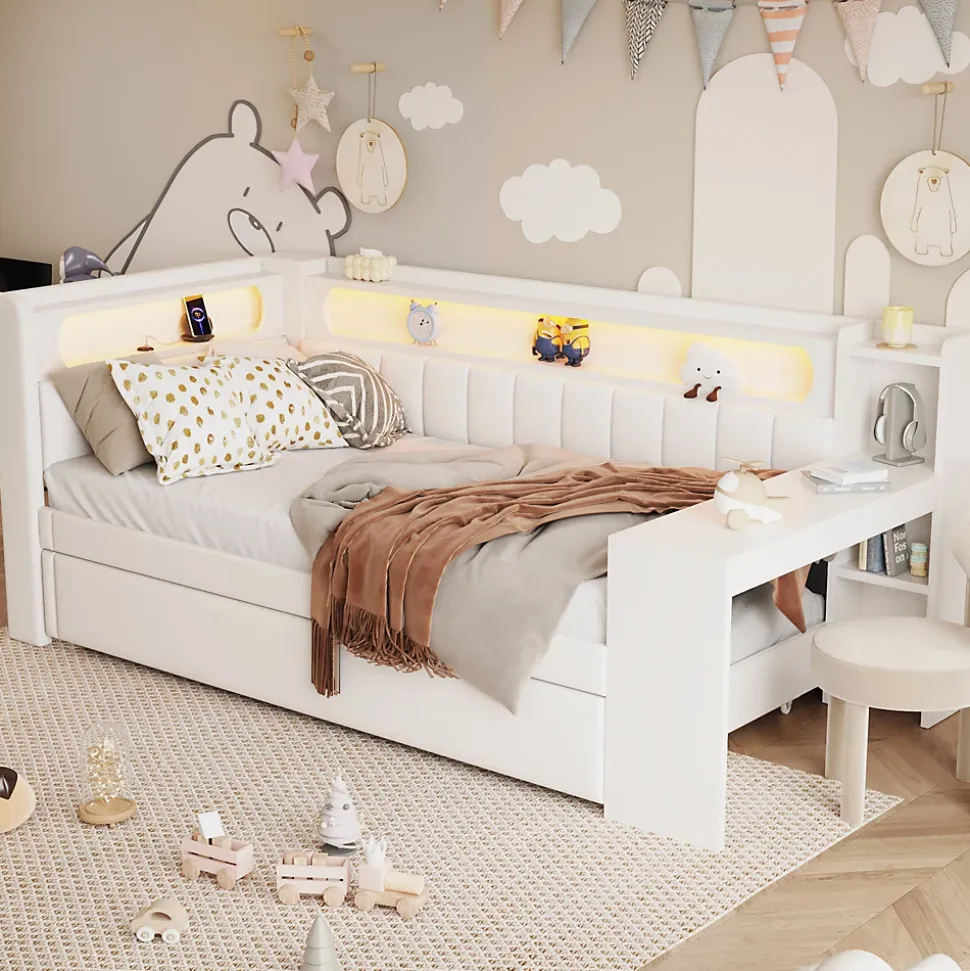 Lit gigogne 90x200 cm - Lit simple avec port USB et bande LED - Bois - Sans matelas - Blanc