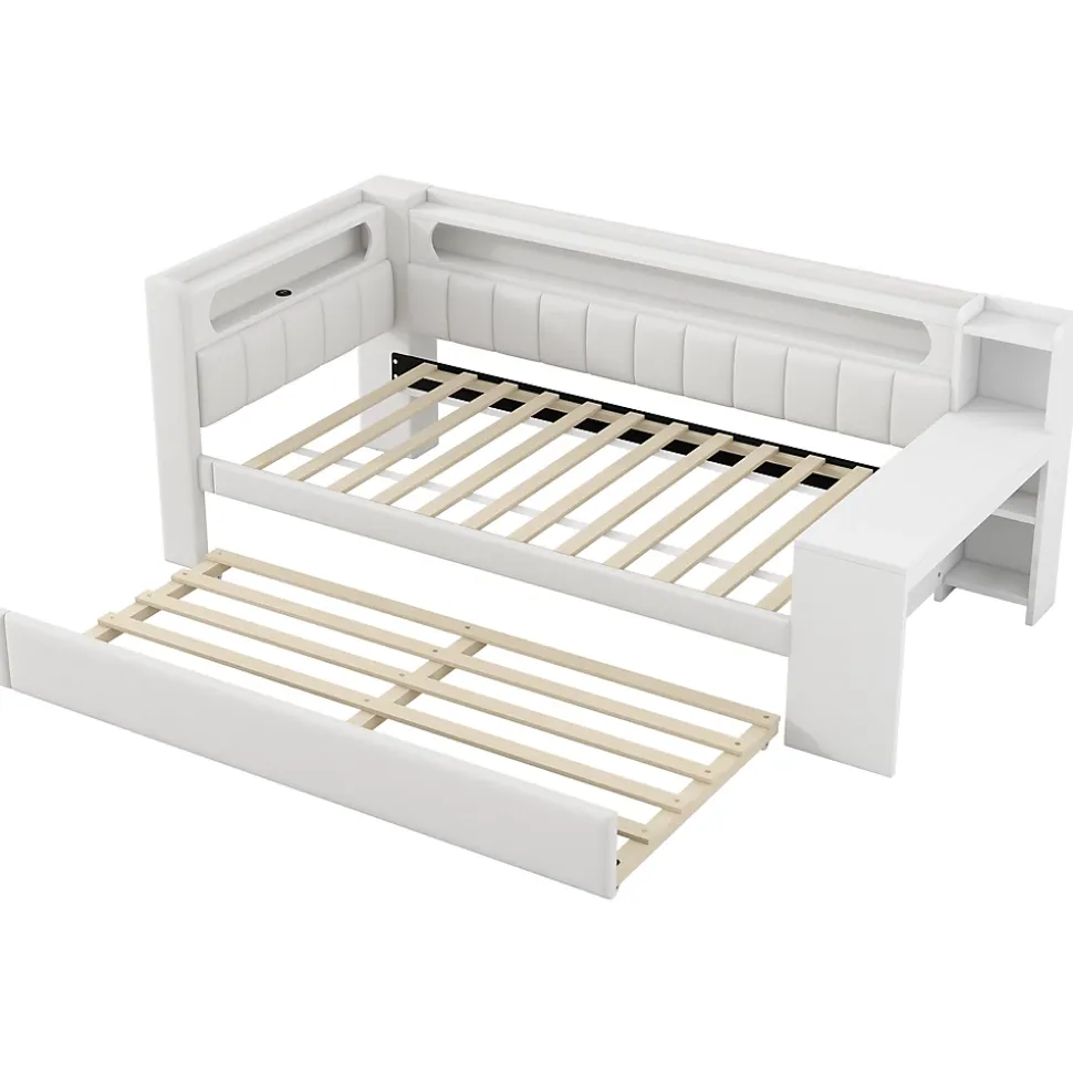Lit gigogne 90x200 cm - Lit simple avec port USB et bande LED - Bois - Sans matelas - Blanc