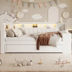 Lit gigogne 90x200 cm - Lit simple avec port USB et bande LED - Bois - Sans matelas - Blanc