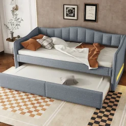 Lit gigogne 90x200 cm - Lit simple avec lit tiroir et sommier à lattes - Lin + MDF - Sans matelas - Gris