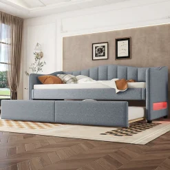 Lit gigogne 90x200 cm - Lit simple avec lit tiroir et sommier à lattes - Lin + MDF - Sans matelas - Gris