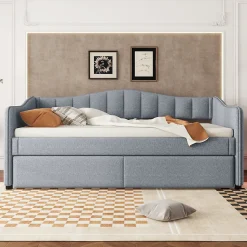 Lit gigogne 90x200 cm - Lit simple avec lit tiroir et sommier à lattes - Lin + MDF - Sans matelas - Gris