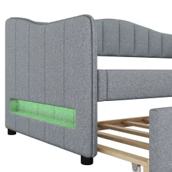 Lit gigogne 90x200 cm - Lit simple avec lit tiroir et sommier à lattes - Lin + MDF - Sans matelas - Gris