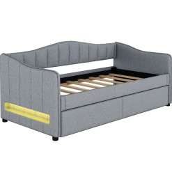 Lit gigogne 90x200 cm - Lit simple avec lit tiroir et sommier à lattes - Lin + MDF - Sans matelas - Gris