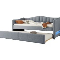 Lit gigogne 90x200 cm - Lit simple avec lit tiroir et sommier à lattes - Lin + MDF - Sans matelas - Gris