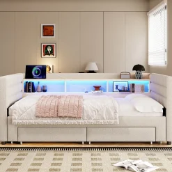 Lit Gigogne 90x190 cm - Lit Simple avec 2 Tiroirs et Étagères - LED et Ports USB Intégrés - Multifonction en Velours Beige