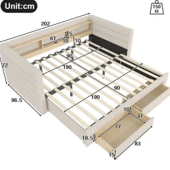 Lit Gigogne 90x190 cm - Lit Simple avec 2 Tiroirs et Étagères - LED et Ports USB Intégrés - Multifonction en Velours Beige