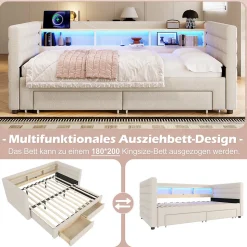 Lit Gigogne 90x190 cm - Lit Simple avec 2 Tiroirs et Étagères - LED et Ports USB Intégrés - Multifonction en Velours Beige