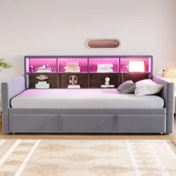 Lit Gigogne 90x190 cm - Lit Simple Capitonné avec Ports USB+Type-C, Enfant et Ado - Velours, Métal, MDF, Gris Foncé- sans Matelas