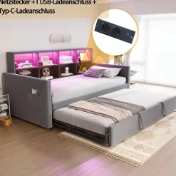 Lit Gigogne 90x190 cm - Lit Simple Capitonné avec Ports USB+Type-C, Enfant et Ado - Velours, Métal, MDF, Gris Foncé- sans Matelas