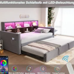 Lit Gigogne 90x190 cm - Lit Simple Capitonné avec Ports USB+Type-C, Enfant et Ado - Velours, Métal, MDF, Gris Foncé- sans Matelas