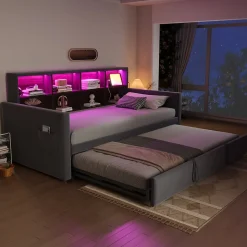 Lit Gigogne 90x190 cm - Lit Simple Capitonné avec Ports USB+Type-C, Enfant et Ado - Velours, Métal, MDF, Gris Foncé- sans Matelas