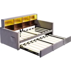 Lit Gigogne 90x190 cm - Lit Simple Capitonné avec Ports USB+Type-C, Enfant et Ado - Velours, Métal, MDF, Gris Foncé- sans Matelas