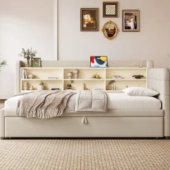 Lit Gigogne 90x200 cm - Lit Simple avec Rangement et Lit Gigogne Intégré, Ports USB et Type-C, Lin Beige