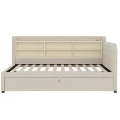 Lit Gigogne 90x200 cm - Lit Simple avec Rangement et Lit Gigogne Intégré, Ports USB et Type-C, Lin Beige