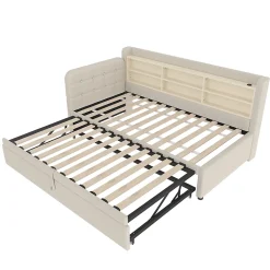 Lit Gigogne 90x200 cm - Lit Simple avec Rangement et Lit Gigogne Intégré, Ports USB et Type-C, Lin Beige