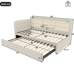 Lit Gigogne 90x200 cm - Lit Simple avec Rangement et Lit Gigogne Intégré, Ports USB et Type-C, Lin Beige